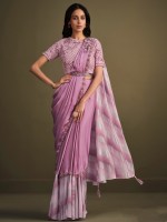 Elegant Pink Satin Silk Sequins Readymade Saree